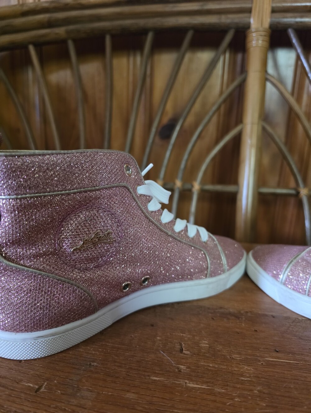 Christian Louboutin Sparkly Pink High Top Sneakers with Hot Pink Laces - Picture 13 of 16